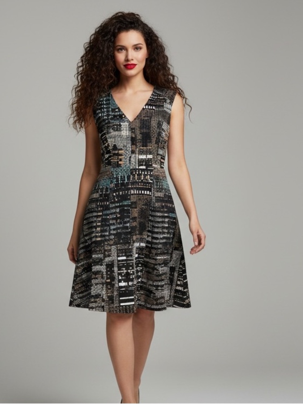 Mexx Abstract Geometric City Print Knee Length Sheath Dress 12
